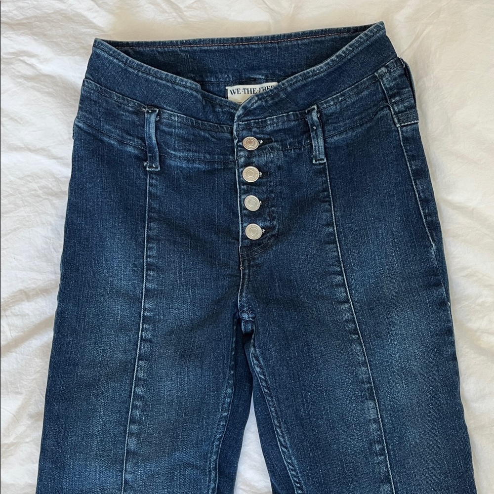 Free People dark wash stretchy 70’s style bell bottoms high rise flare buttonfly - Picture 2 of 10